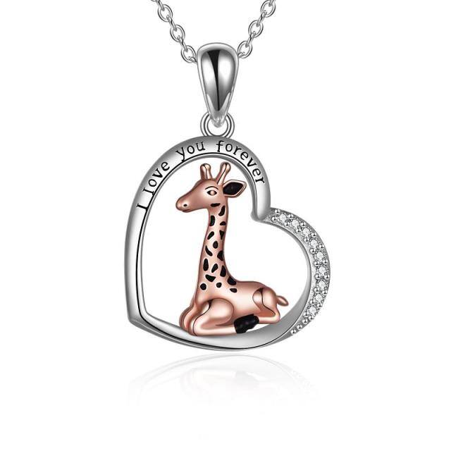 Sterling Silver Two-tone Circular Shaped Cubic Zirconia Giraffe & Heart Pendant Necklace with Engraved Word-0