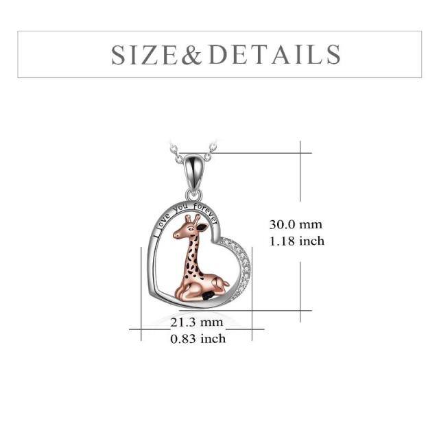 Sterling Silver Two-tone Circular Shaped Cubic Zirconia Giraffe & Heart Pendant Necklace with Engraved Word-4