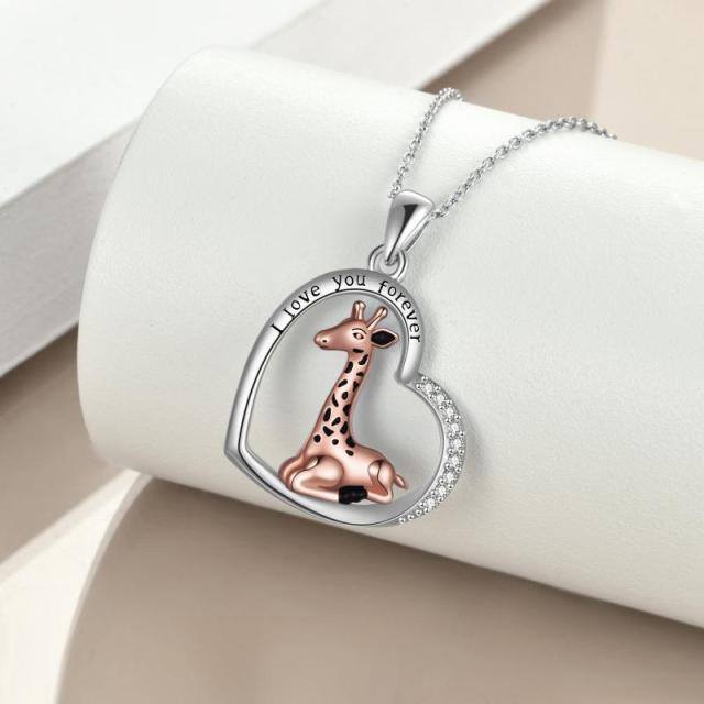 Sterling Silver Two-tone Circular Shaped Cubic Zirconia Giraffe & Heart Pendant Necklace with Engraved Word-2