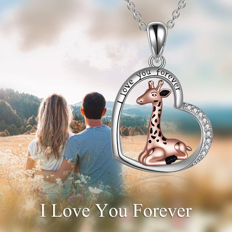 Sterling Silver Two-tone Circular Shaped Cubic Zirconia Giraffe & Heart Pendant Necklace with Engraved Word-6
