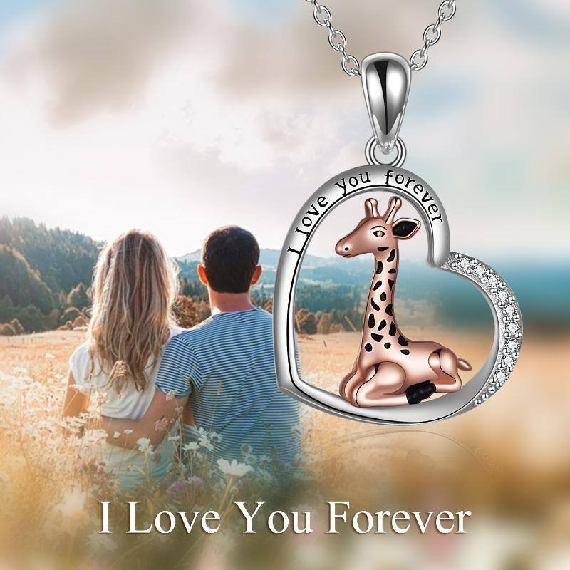 Collier en argent sterling bicolore avec pendentif Girafe et coeur en zircon cubique avec-6