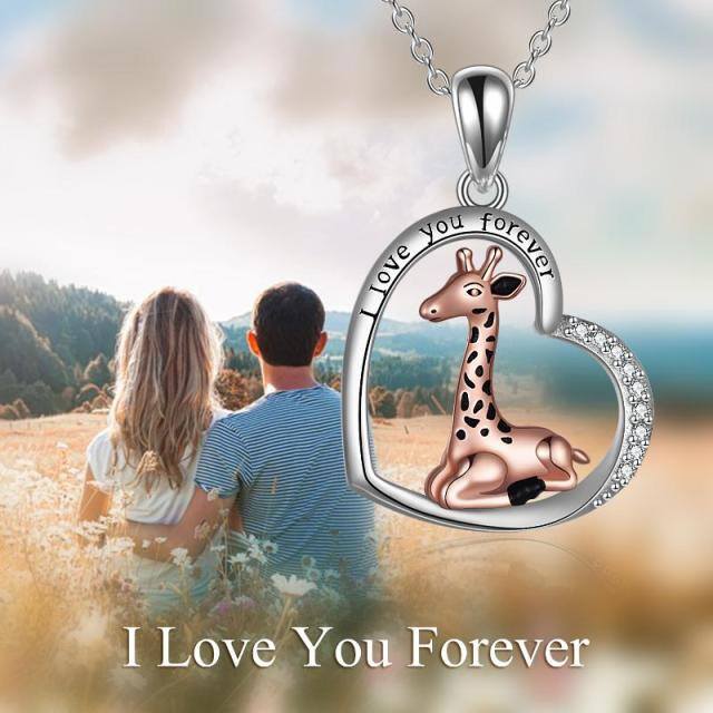 Sterling Silver Two-tone Circular Shaped Cubic Zirconia Giraffe & Heart Pendant Necklace with Engraved Word-5