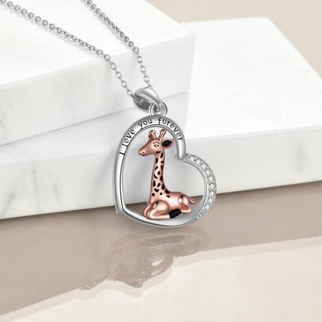 Sterling Silver Two-tone Circular Shaped Cubic Zirconia Giraffe & Heart Pendant Necklace with Engraved Word-3