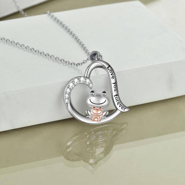 Sterling Silver Two-tone Cubic Zirconia Frog & Heart Pendant Necklace with Engraved Word-2