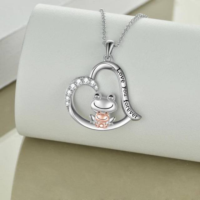 Sterling Silver Two-tone Cubic Zirconia Frog & Heart Pendant Necklace with Engraved Word-4