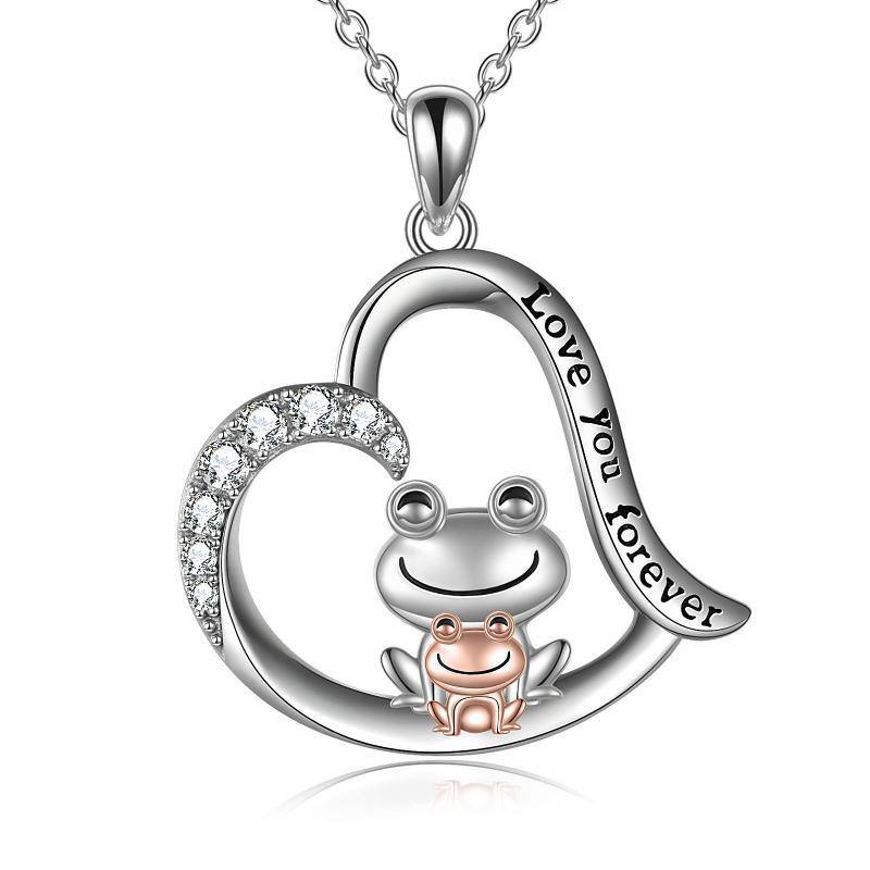 Sterling Silver Two-tone Cubic Zirconia Frog & Heart Pendant Necklace with Engraved Word-1