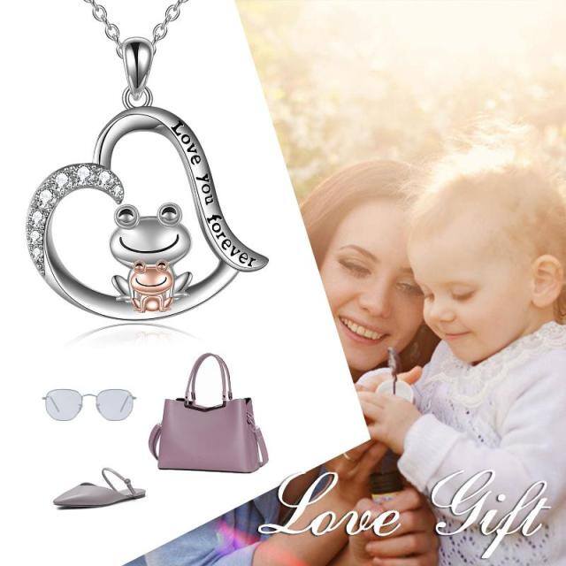 Sterling Silver Two-tone Cubic Zirconia Frog & Heart Pendant Necklace with Engraved Word-3