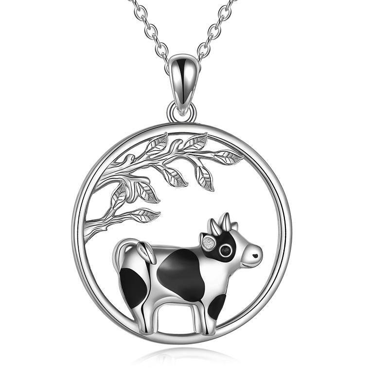 Sterling Silver Cow & Branches Pendant Necklace-1