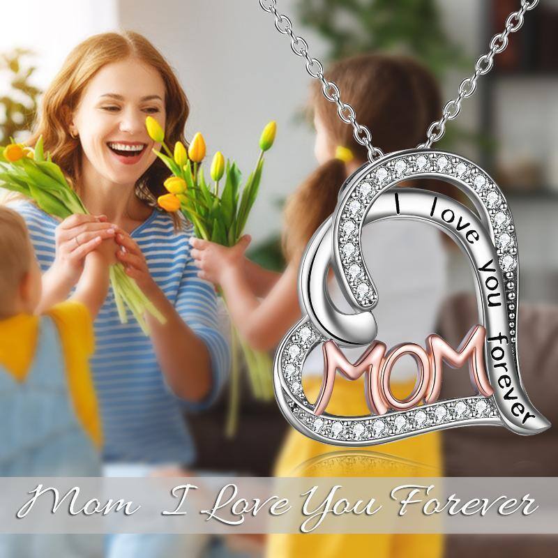 Collier en argent sterling avec pendentif double cœur bicolore Gravé Maman je t'aime pour toujours-6