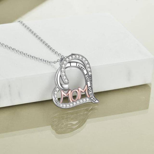 Collier en argent sterling avec pendentif double cœur bicolore Gravé Maman je t'aime pour toujours-2