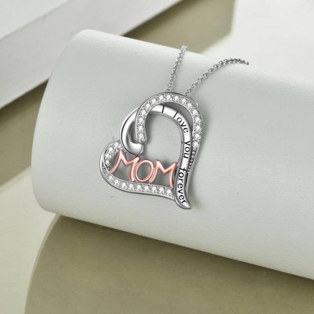 Collier en argent sterling avec pendentif double cœur bicolore Gravé Maman je t'aime pour toujours-3