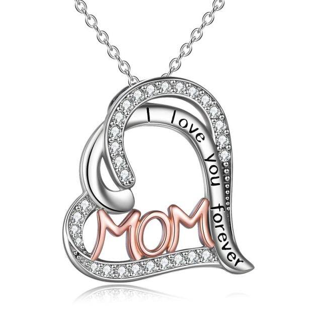 Sterling Silber zweifarbig Double Heart Anhänger Halskette graviert Mom I Love You Forever-0