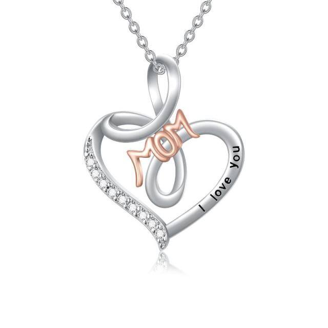 Sterling Silver Two-tone Heart Pendant Necklace with Engraved Word-0