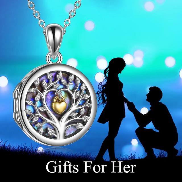 Sterling Silver Two-tone Abalone Shellfish Tree Of Life & Heart Personalized Photo Locket Necklace-2