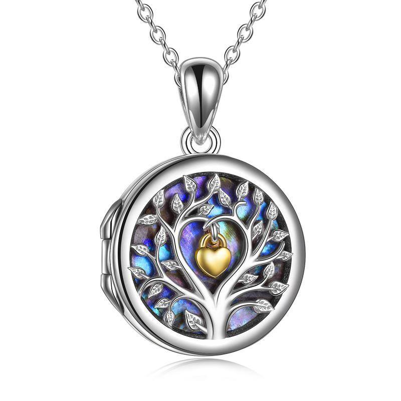 Sterling Silver Two-tone Abalone Shellfish Tree Of Life & Heart Personalized Photo Locket Necklace-1