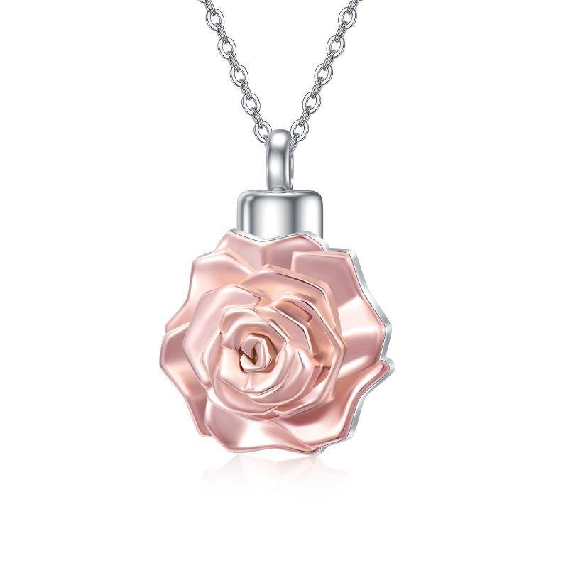 Sterling Silber zweifarbig 3D Rose Blume Urne Halskette für Asche-1