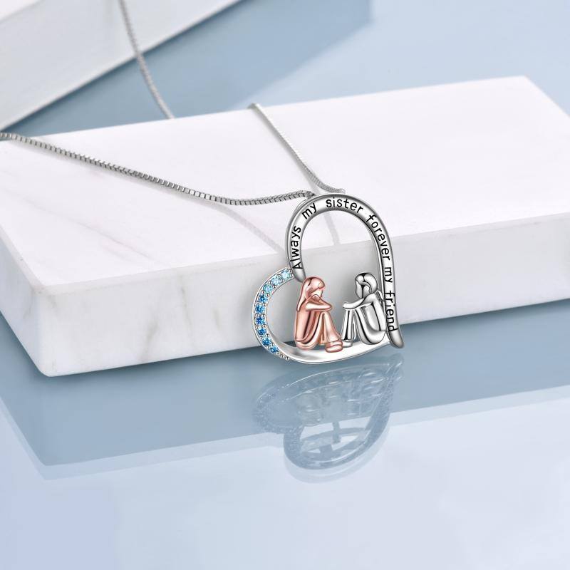 Sterling Silver Two-tone Cubic Zirconia Sisters & Heart Pendant Necklace with Engraved Word-4