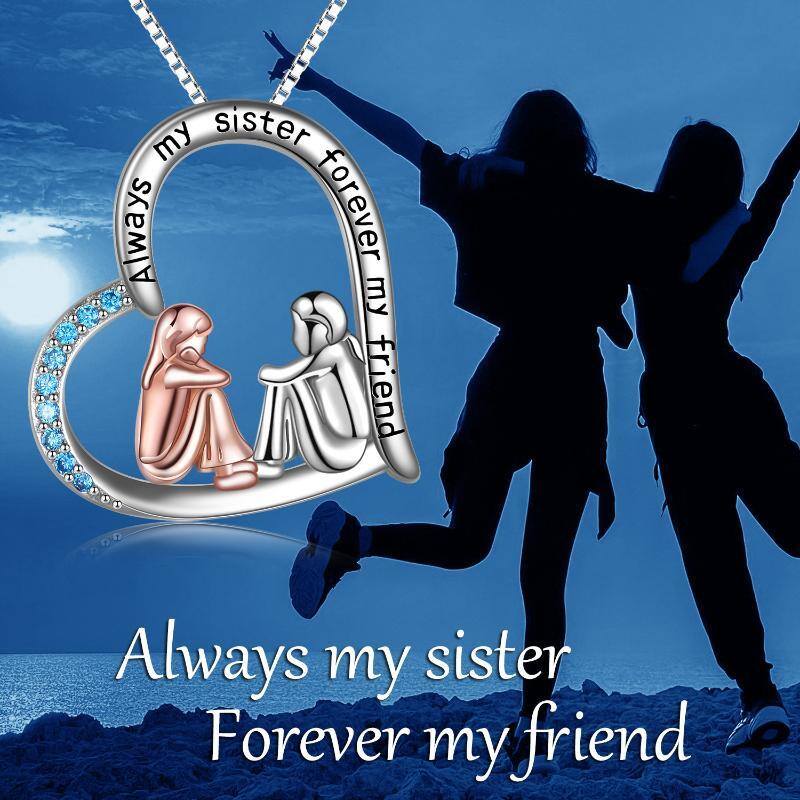 Sterling Silver Two-tone Cubic Zirconia Sisters & Heart Pendant Necklace with Engraved Word-6