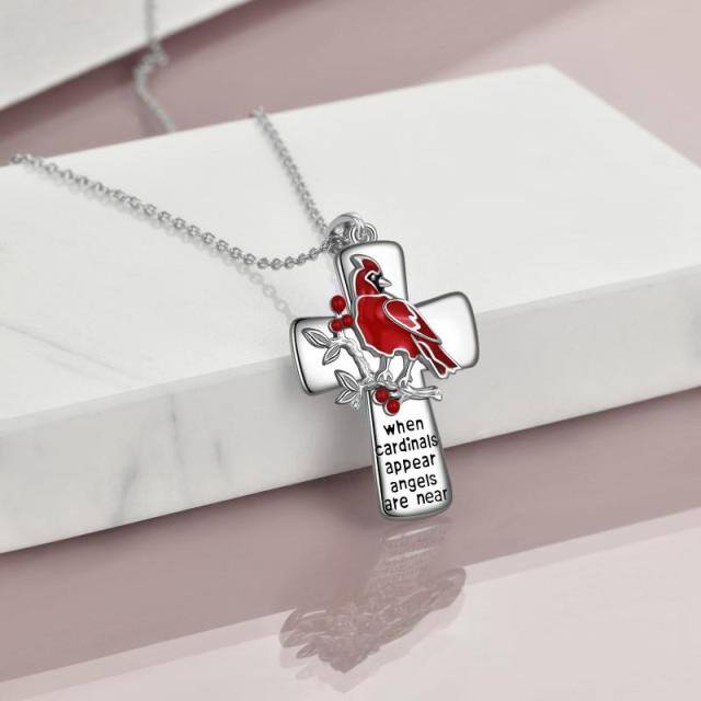 Sterling Silver Lucky Cardinal & Cross Pendant Necklace-3