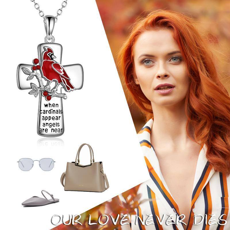 Sterling Silver Lucky Cardinal & Cross Pendant Necklace-6