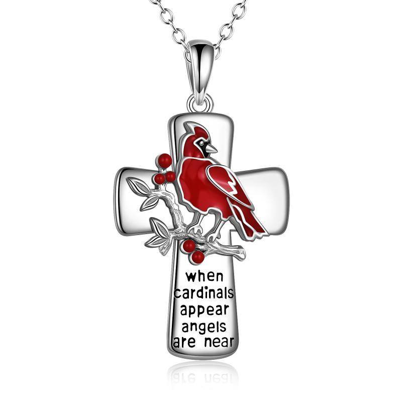 Sterling Silver Lucky Cardinal & Cross Pendant Necklace-1