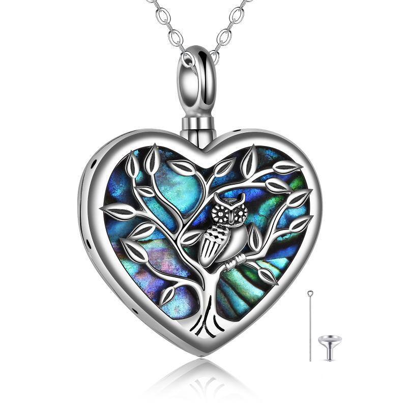 Sterling Silver Abalone Shellfish Owl & Tree Of Life & Heart Urn Necklace for Ashes with Engraved Word-1