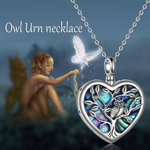 Sterling Silver Abalone Shellfish Owl & Tree Of Life & Heart Urn Necklace for Ashes with Engraved Word-2