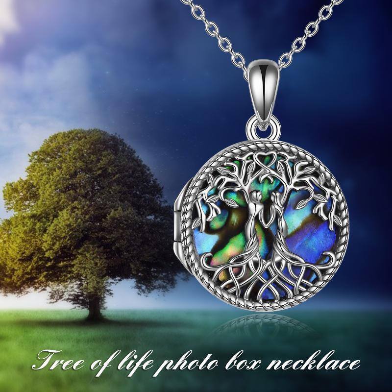 Collar con medallón con foto personalizado de hermanas del árbol de la vida de mariscos de abulón de plata de ley-6