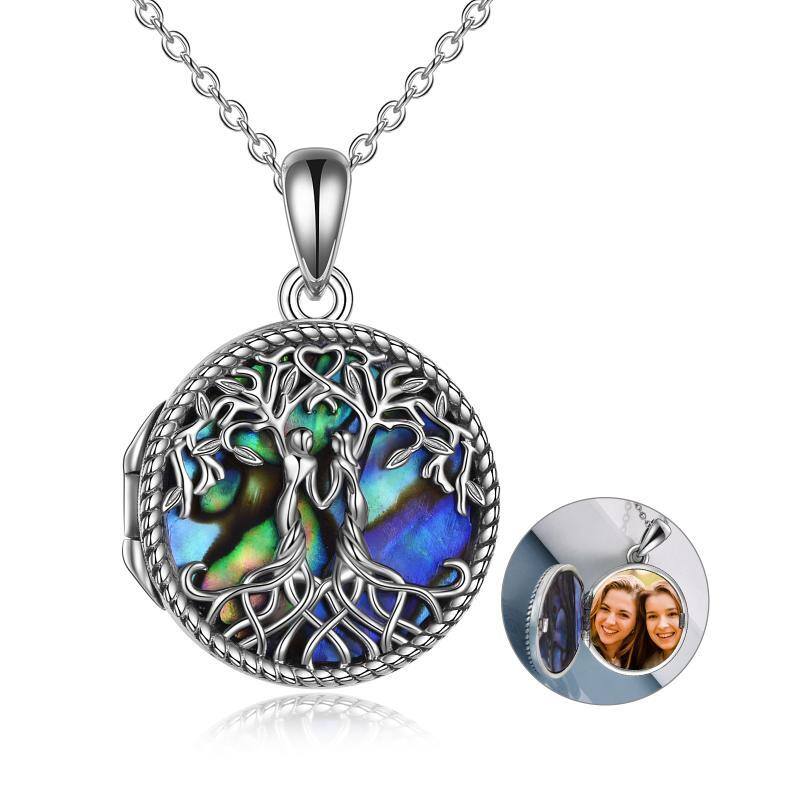 Sterling Silver Abalone Shellfish Tree Of Life & Sisters Personalized Photo Locket Necklace-1