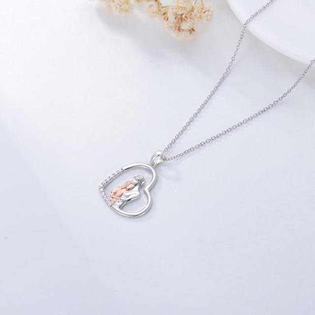 Colar de prata esterlina com pingente de coração em forma circular de dois tons para mãe e filha-2