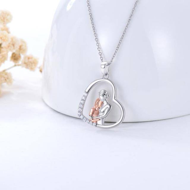 Sterling Silver Two-tone Circular Shaped Mother & Daughter Heart Pendant Necklace-3
