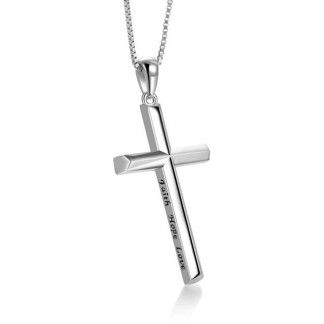 Sterling Silver Cross Pendant Necklace with Engraved Word-0