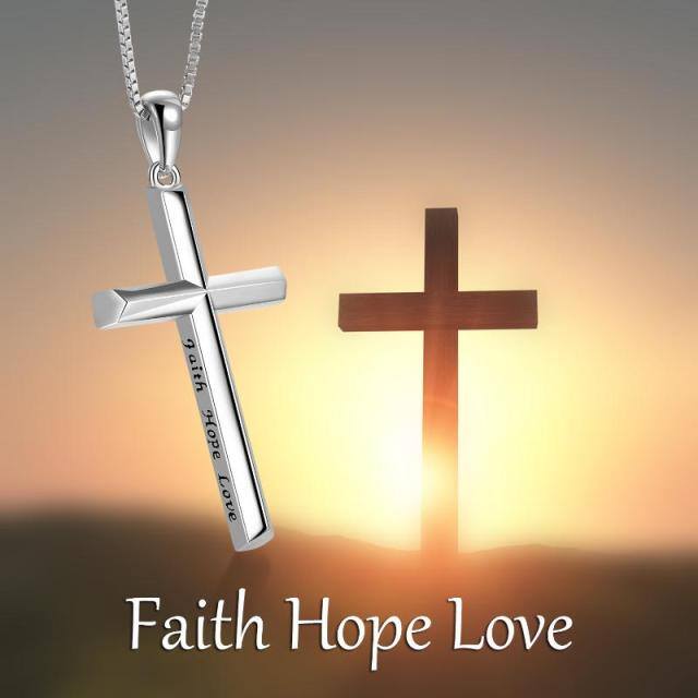 Sterling Silver Cross Pendant Necklace with Engraved Word-2