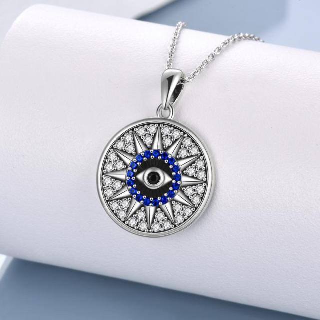 Sterling Silver Circular Shaped Cubic Zirconia Evil Eye & Sun Pendant Necklace-2