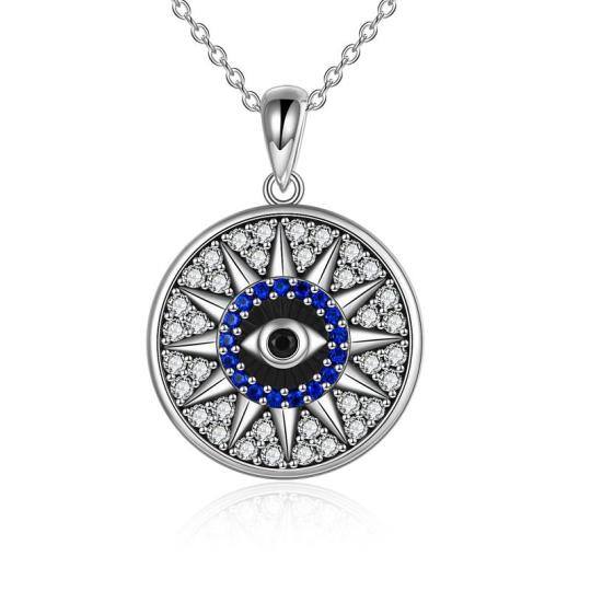 Sterling Silver Circular Shaped Cubic Zirconia Evil Eye & Sun Pendant Necklace