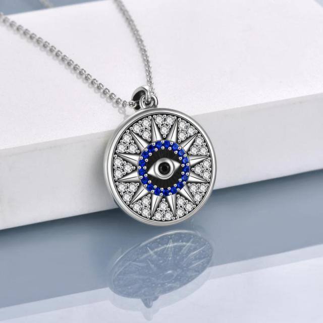 Sterling Silver Circular Shaped Cubic Zirconia Evil Eye & Sun Pendant Necklace-3