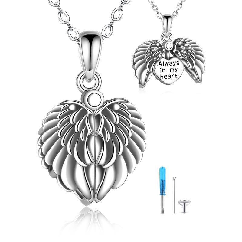 Sterling Silver Angel Wings & Heart Locket Urn Necklace for Ashes with Engraved Word-1