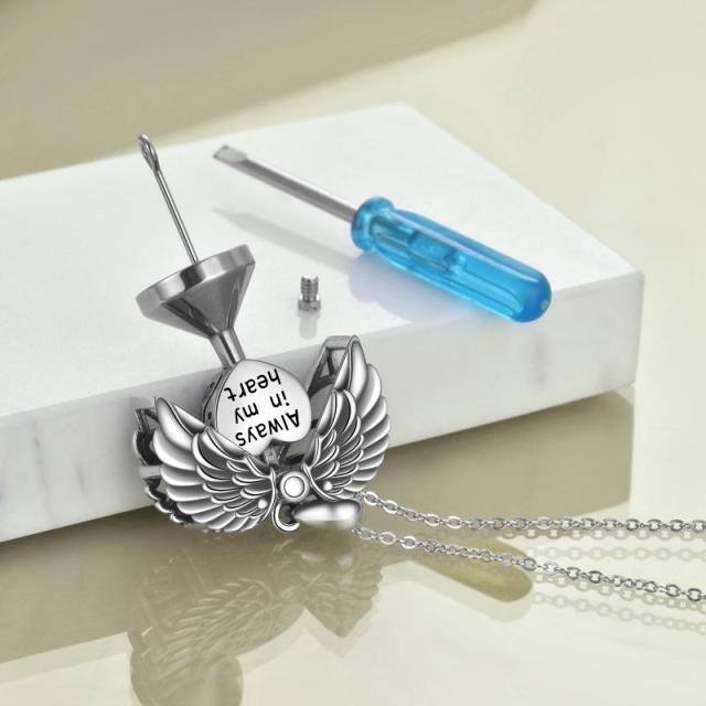 Sterling Silver Angel Wings & Heart Locket Urn Necklace for Ashes with Engraved Word-5
