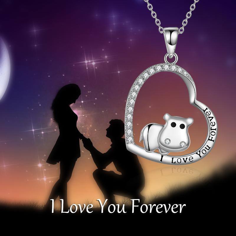 Sterling Silver Hippo & Heart Pendant Necklace with Engraved Word-6