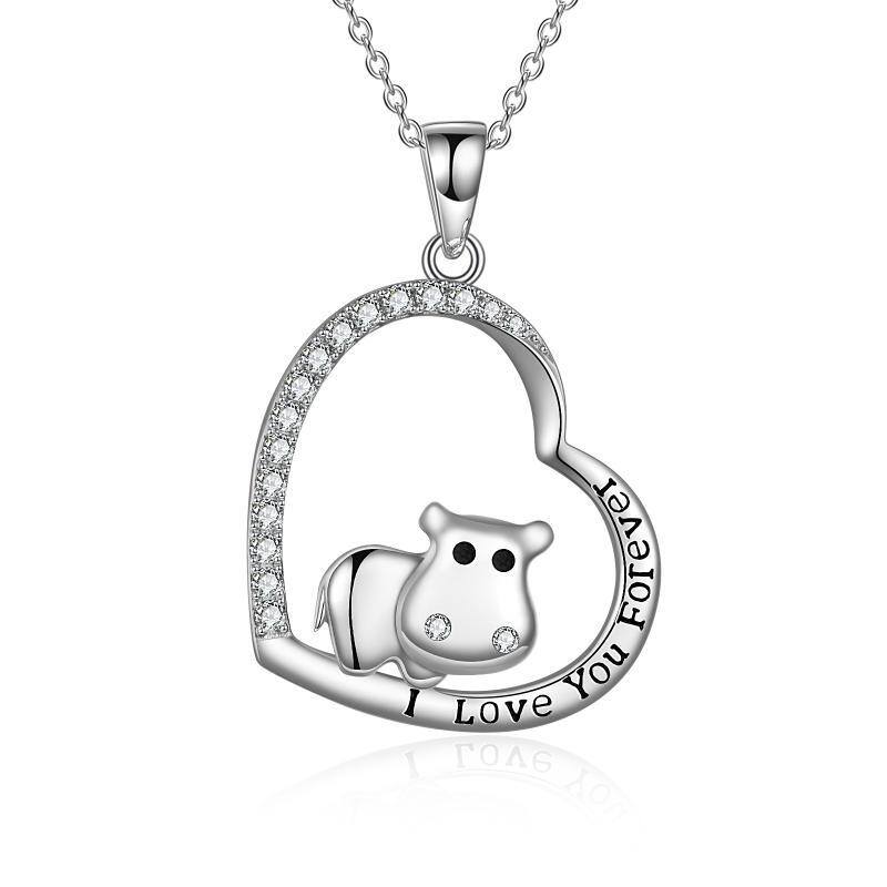 Sterling Silver Hippo & Heart Pendant Necklace with Engraved Word-1