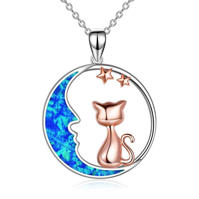 Sterling Silver Two-tone Opal Cat & Moon Pendant Necklace-1