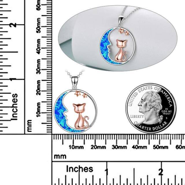 Sterling Silver Two-tone Opal Cat & Moon Pendant Necklace-4