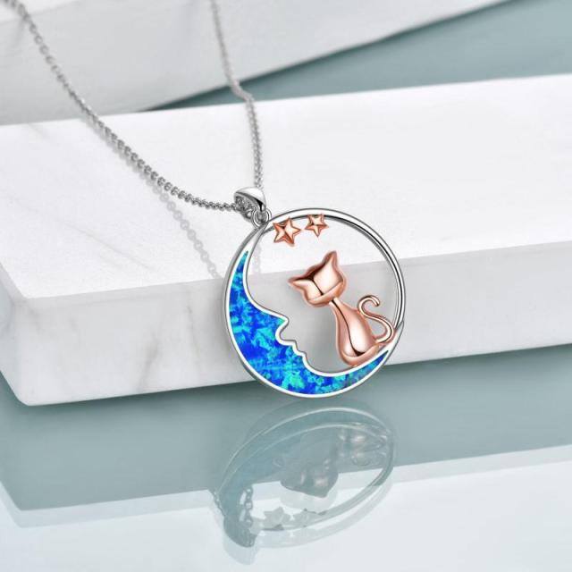 Sterling Silver Two-tone Opal Cat & Moon Pendant Necklace-2