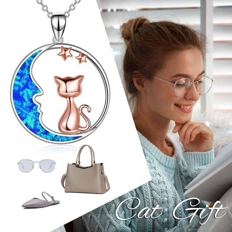 Sterling Silver Two-tone Opal Cat & Moon Pendant Necklace-6