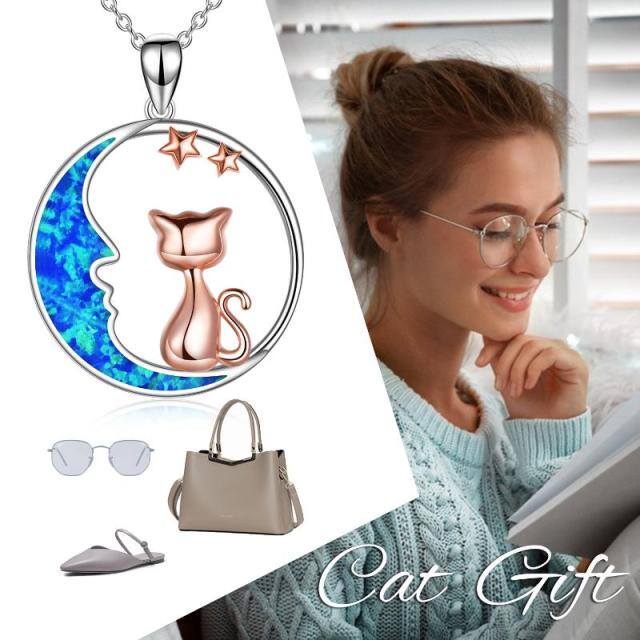 Sterling Silver Two-tone Opal Cat & Moon Pendant Necklace-5