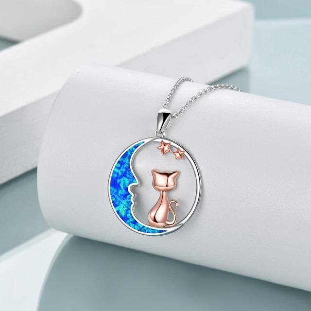 Sterling Silver Two-tone Opal Cat & Moon Pendant Necklace-3