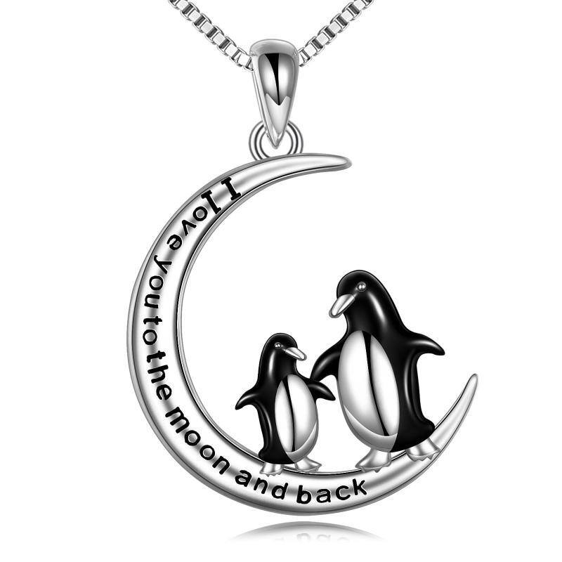 Sterling Silver Two-tone Penguin & Moon Pendant Necklace with Engraved Word-1