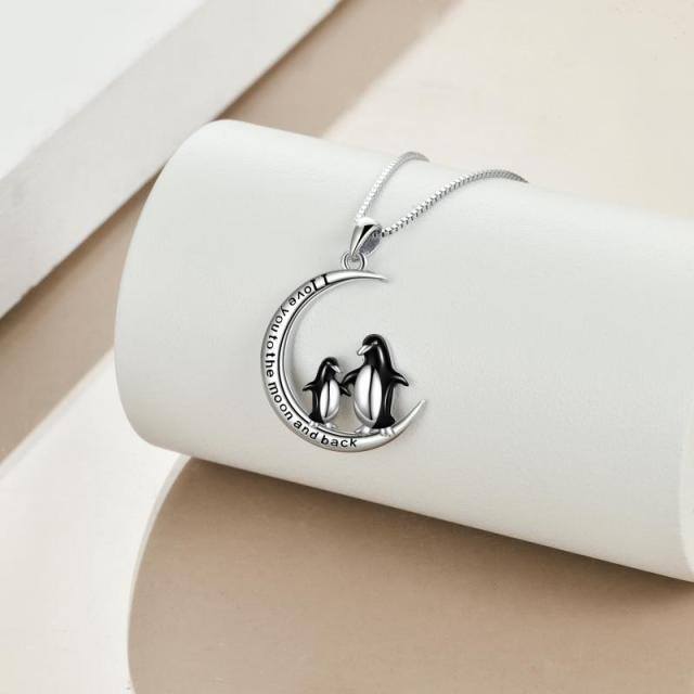 Sterling Silver Two-tone Penguin & Moon Pendant Necklace with Engraved Word-3