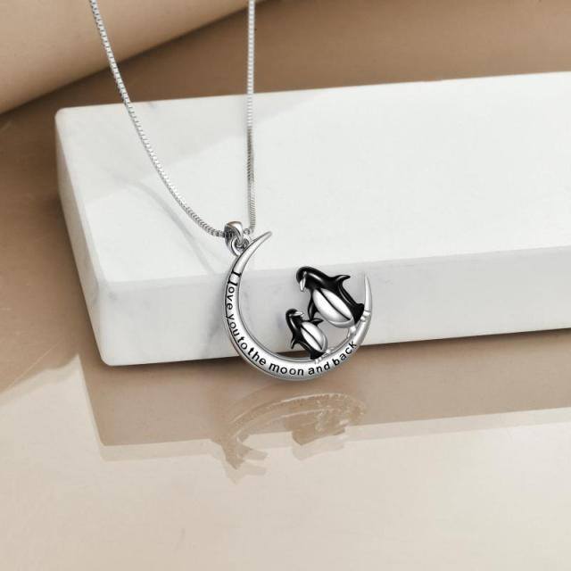 Sterling Silver Two-tone Penguin & Moon Pendant Necklace with Engraved Word-2