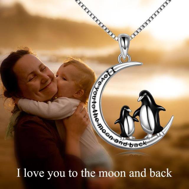 Sterling Silver Two-tone Penguin & Moon Pendant Necklace with Engraved Word-5